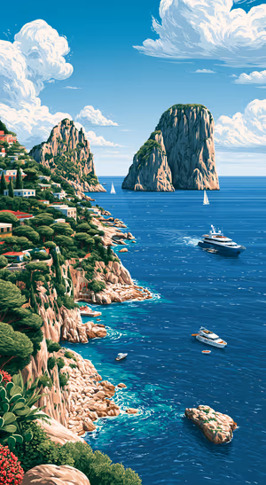 Illustrated coastal cliffs in a vibrant blue seascape with boats and a bright summer sky