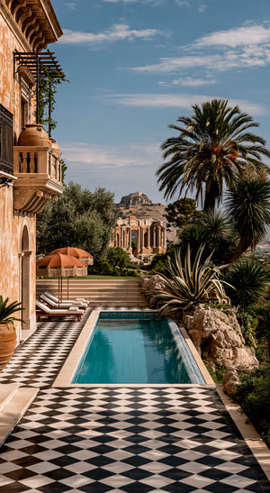 Vintage Mediterranean villa pool scene with blue water, terracotta details, and tropical greenery