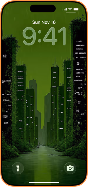 Wallpaper preview on iPhone 17 Pro Max running iOS 26 - Overgrown Green City