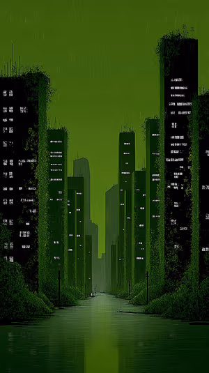 Moody post apocalyptic digital illustration of an overgrown flooded city centered on deep green tones in a cinematic aesthetic.