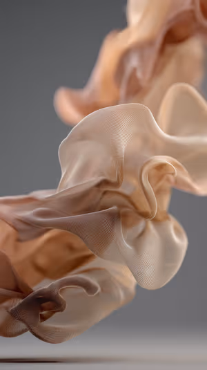 Abstract silken mesh fabric suspended over a warm beige background in a soft, translucent 8K aesthetic.