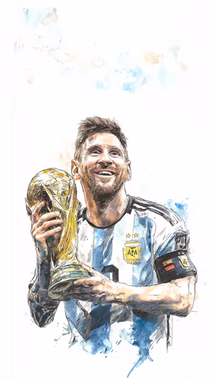 Watercolor portrait of Lionel Messi centered on blue white background with World Cup trophy, ultra hd sports portrait.