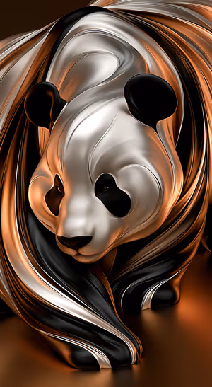 Sculptural metallic panda centered on a copper, silver, and black background in abstract 3D style.