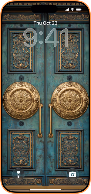 Wallpaper preview on iPhone 17 Pro Max running iOS 26 - Gilded Teal Doors