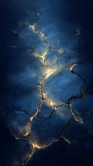 Abstract cracked stone with glowing gold veins centered on a deep blue background in a moody textured aesthetic, ultra HD.