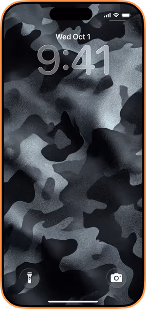 Wallpaper preview on iPhone 17 Pro Max running iOS 26 - Stealth Black Camo