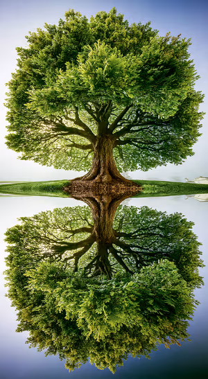 Symmetrical mirror tree centered on a lush green background in a vibrant natural aesthetic