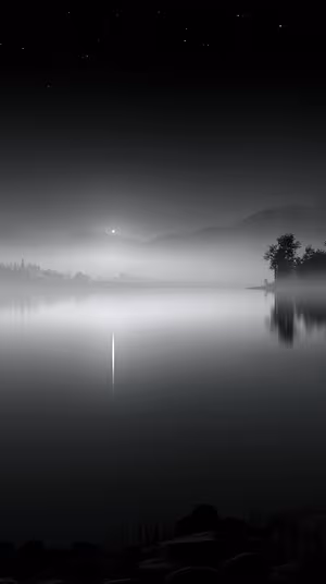 Minimalist misty lake centered on a black gray background in a moody monochrome aesthetic, ultra hd 8K.