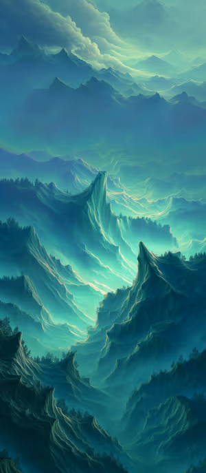 Surreal misty mountains centered on a teal background in an abstract, dreamlike aesthetic ultra HD 8K wallpaper.