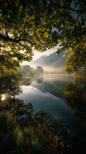 Serene misty mountain lake at dawn centered on green and golden tones in a tranquil landscape aesthetic ultra HD