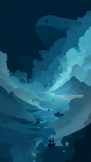 Cinematic minimalist misty seascape with silhouetted ships and whale shaped clouds on a teal background, ultra HD image.