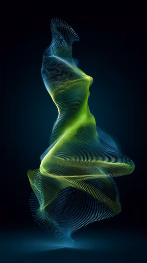 Futuristic neon particle ribbon centered on a dark teal background in neon green and blue, ultra HD image.