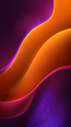 Glossy abstract ribbon waves centered on a deep purple background with orange and magenta highlights ultra HD image