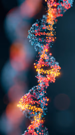 3D abstract molecular helix centered on dark background with glowing teal and orange particles ultra HD 8K image.