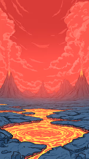 Stylized volcanic scene with glowing molten river and swirling lava pool beneath a red gray sky, ultra HD image