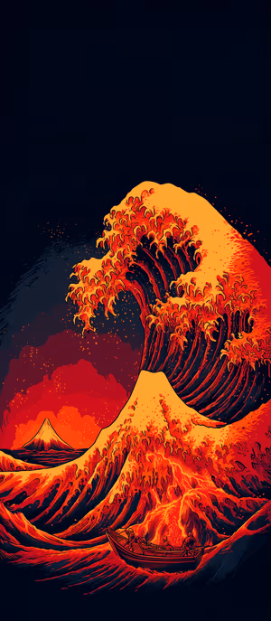 Stylized molten wave with a fishing boat centered on a dark red orange background in a dramatic illustrative aesthetic, ultra HD.
