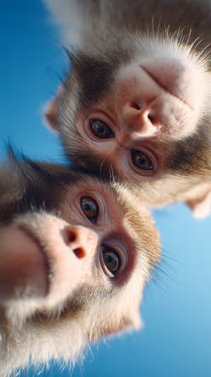 Macro close up of two baby monkeys against a bright blue sky, ultra HD 8K portrait.