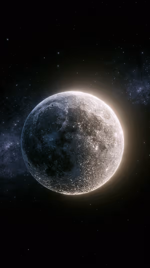 Photorealistic moon with luminous halo centered on a black starfield background in cinematic space aesthetic.