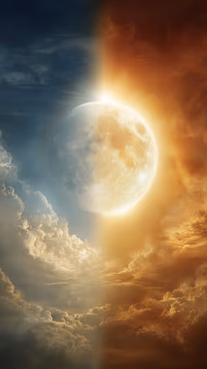 Surreal moon centered on a vertical gold and cool blue split sky with luminous clouds; ultra HD 8K lunar background.