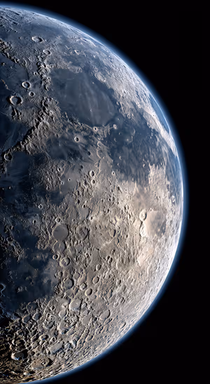 Realistic moon surface with gray craters and a blue illuminated rim against a black space background