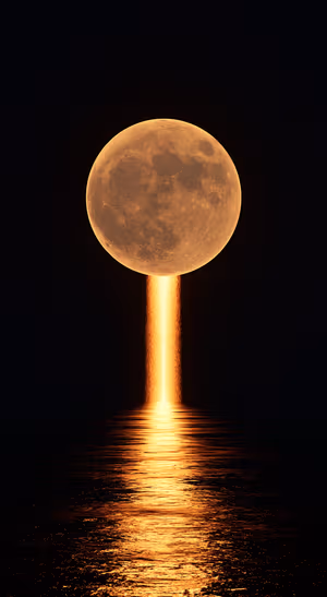 Surreal moon centered on a black background with a golden beam and orange water reflection in cinematic aesthetic, ultra hd image.
