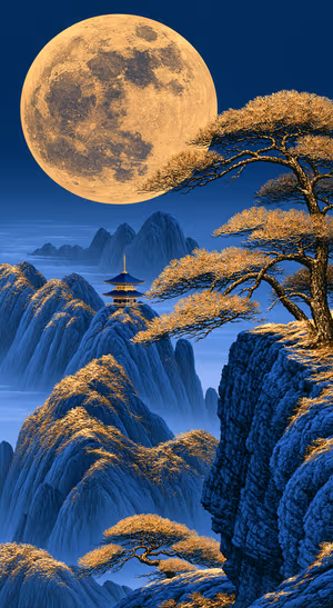 Traditional East Asian mountain landscape centered on a deep blue background in a gold accented aesthetic.