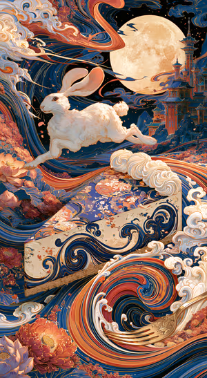 Ornate art nouveau moon rabbit centered on a deep navy background in an art nouveau aesthetic.
