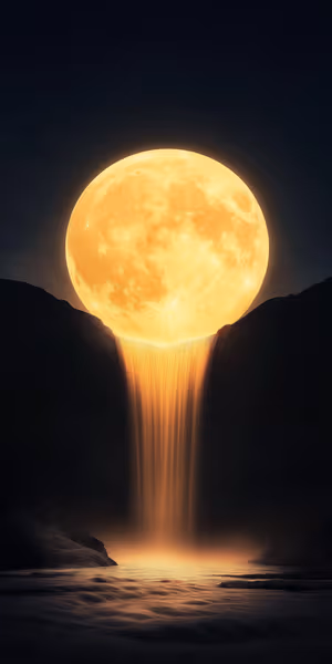 Surreal moon waterfall centered on a golden night sky background in luminous fantasy aesthetic ultra HD wallpaper