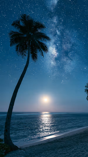 Nightscape moonlit beach with palm silhouette against deep teal sky and Milky Way, ultra HD 8K image