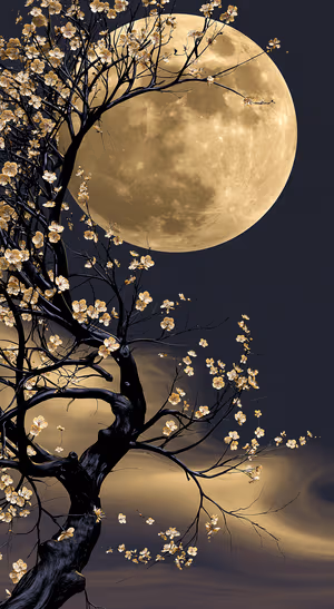 Japanese ink moonlit blossom tree framing a gold moon on a charcoal background