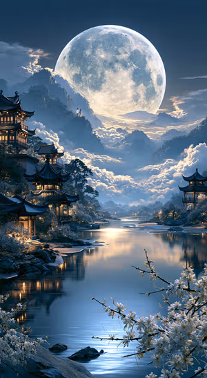Fantasy moon landscape over blue mountains and a quiet lake in a Chinese inspired aesthetic.