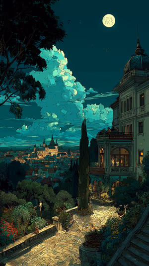 Cinematic moonlit city balcony centered on a teal night background in ornate architecture illustration, ultra hd screen image.