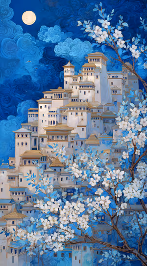 Fantasy moonlit city centered on a blue background with white blossoms and swirling clouds ultra HD background.