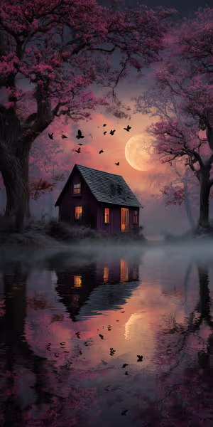 Dreamy fantasy moonlit cottage centered on a purple pink lakeside scene with full moon and reflective water, ultra HD