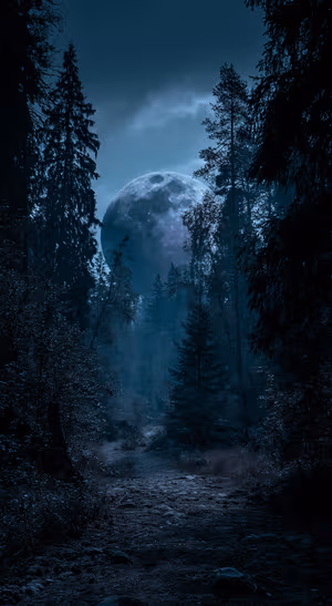 Moody moonlit forest path framed by tall pines under a deep blue oversized moon ultra hd 8K background.