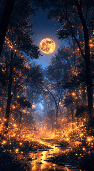 Mystical moonlit forest with glowing fireflies on a deep blue background