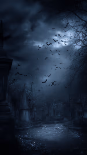 Gothic moonlit graveyard with bats and fog on a dark blue background in a moody gothic aesthetic, 8K ultra HD.