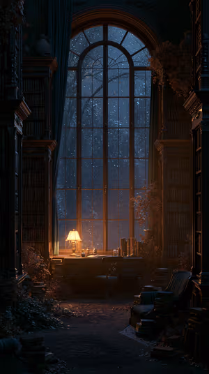 Cinematic moonlit library study with arched window and warm lamp, deep blue and amber tones in a cozy vintage aesthetic, 8K Ultra HD.