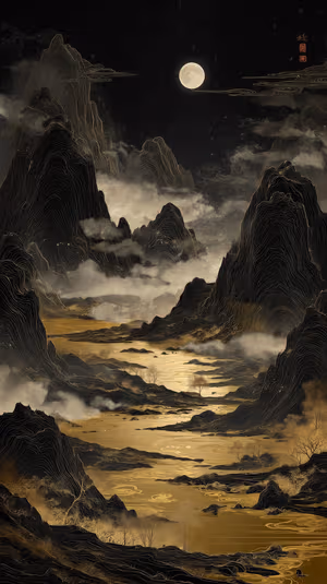 Ink style moonlit mountain with gold river reflections on a misty gray background ultra HD 8K download ready image.