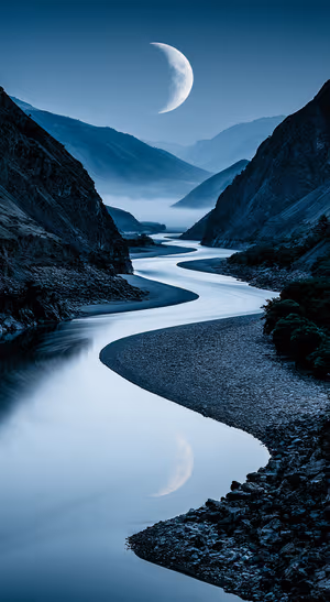 Cinematic mountain river centered on a deep blue background in a moonlit landscape aesthetic.