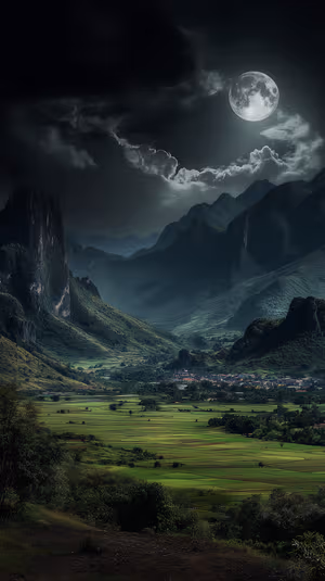 Cinematic moonlit mountain valley centered on deep green fields in a moody aesthetic ultra HD 8K image