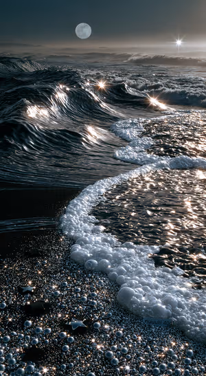 Cinematic moonlit ocean centered on a dark blue background in a dramatic aesthetic.