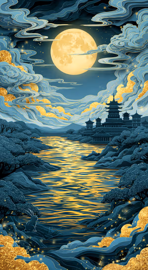 Moonlit Pagoda Landscape — iPhone lock screen wallpaper