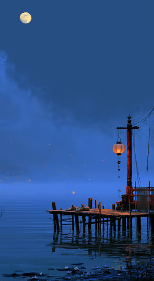 Painterly moonlit pier Ultra HD image with an amber lantern over deep blue water.