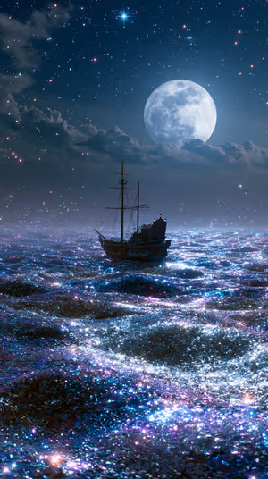 Ethereal moonlit sea with a lone sailing ship against a blue violet starry sky; ultra HD 8K background for iPhone lock screen.