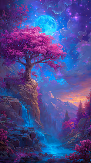 Ethereal fantasy moonlit tree on a cliff with waterfall centered on a purple cyan sky in dreamy digital painting aesthetic