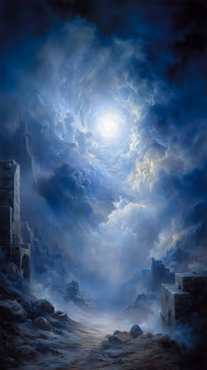 Ethereal fantasy moonlit valley with a swirling cloud vortex and ancient stone ruins on a deep blue backdrop ultra HD 8K image.