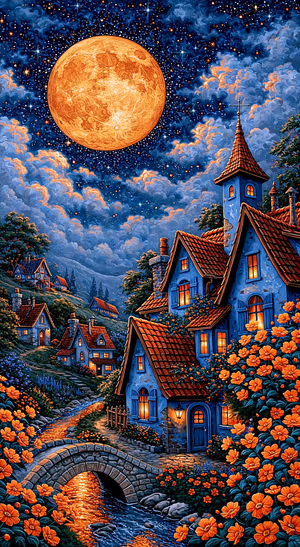 Moonlit Village Storybook Art — iPhone lock screen wallpaper