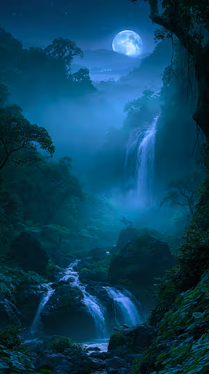 Mystical moonlit waterfall centered on a teal blue forest background in a misty, cinematic aesthetic ultra HD 8K