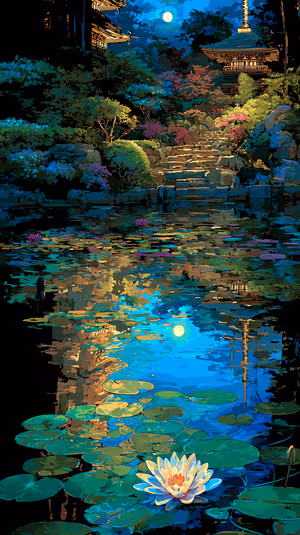 Moonlit Japanese garden pond with glowing waterlily centered on indigo background in lantern lit aesthetic, ultra hd